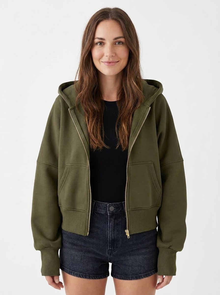 Women's Cropped Zip-Up Hoodie Oversized Fleece Jacket