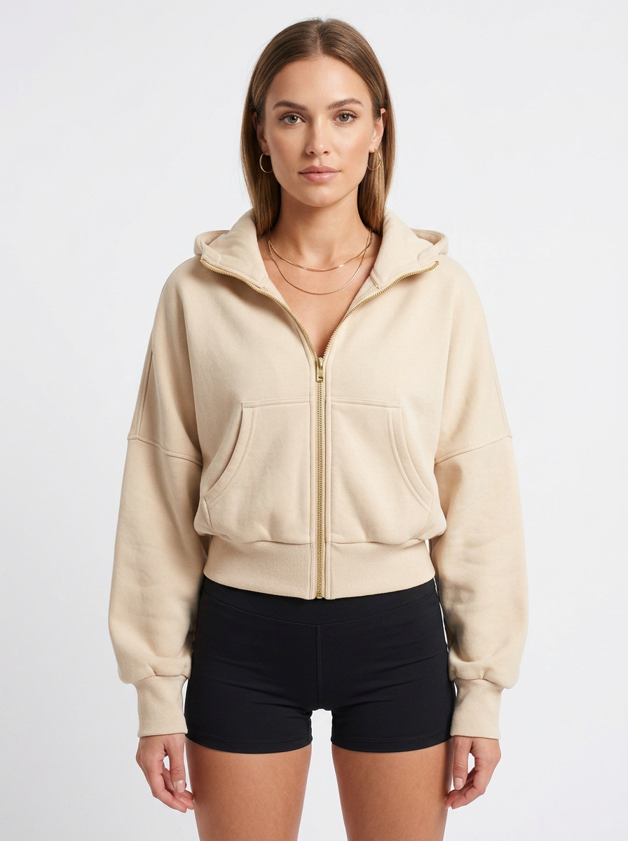 Women's Cropped Zip-Up Hoodie Oversized Fleece Jacket
