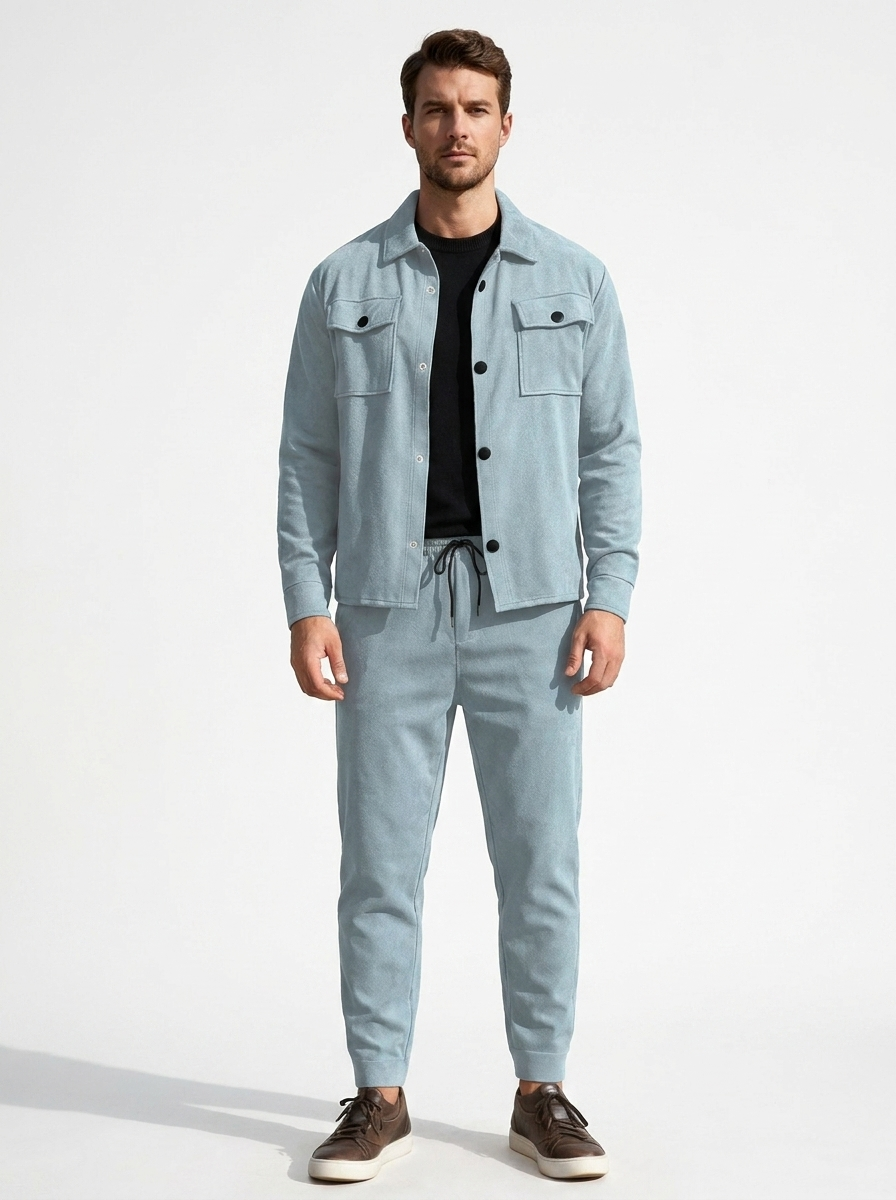 Men's Fleece Shirt Jacket and Jogger Set Two-Piece Tracksuit