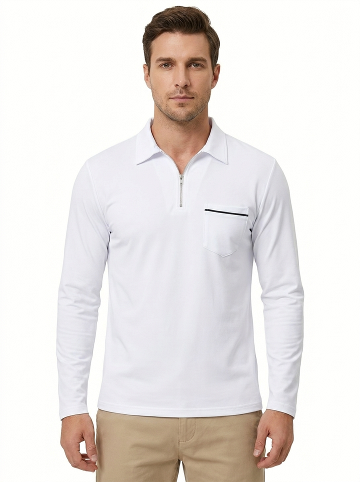 Men's Long Sleeve Polo Shirt Zip Collar Slim-Fit Casual