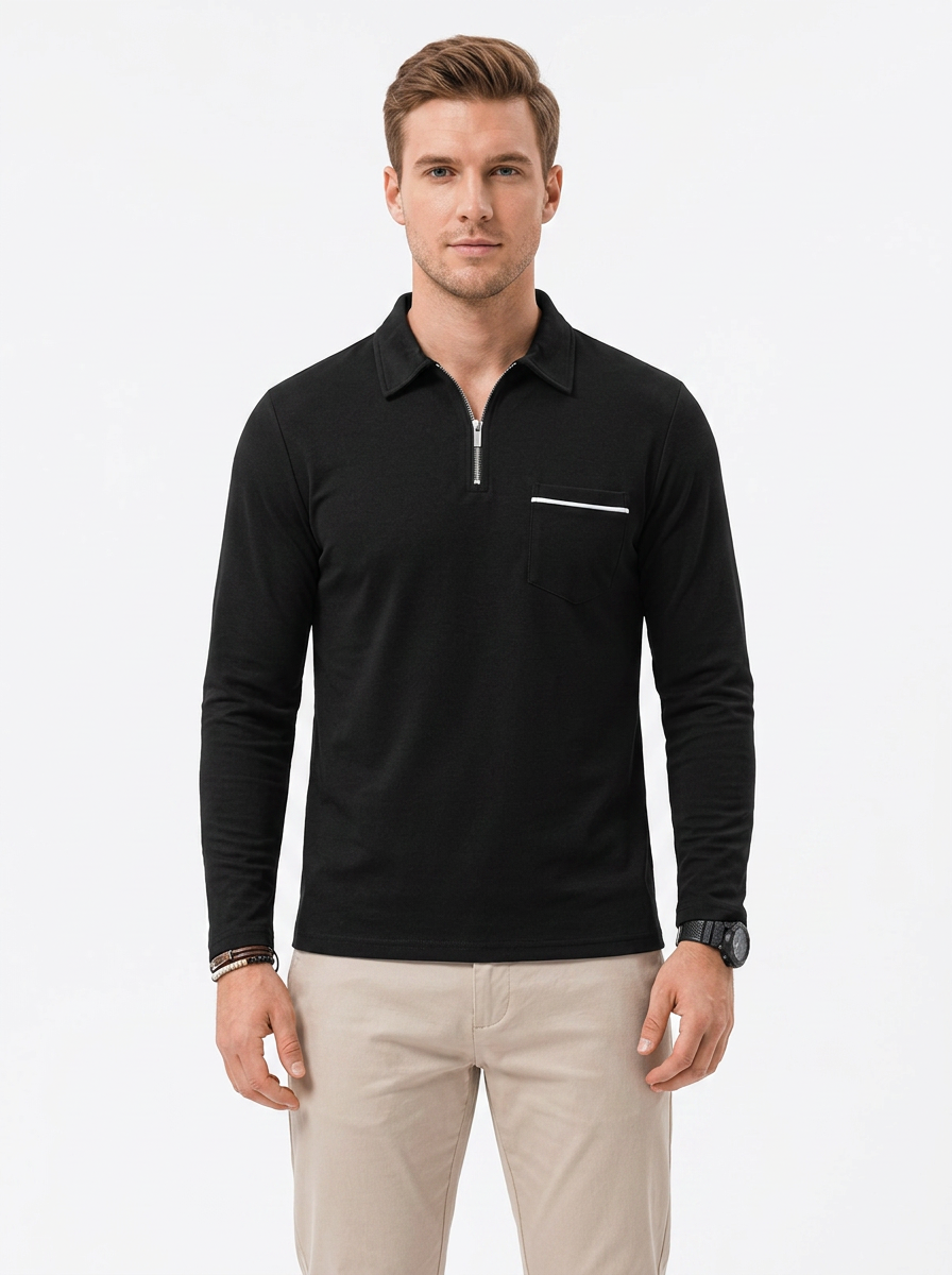 Men's Long Sleeve Polo Shirt Zip Collar Slim-Fit Casual