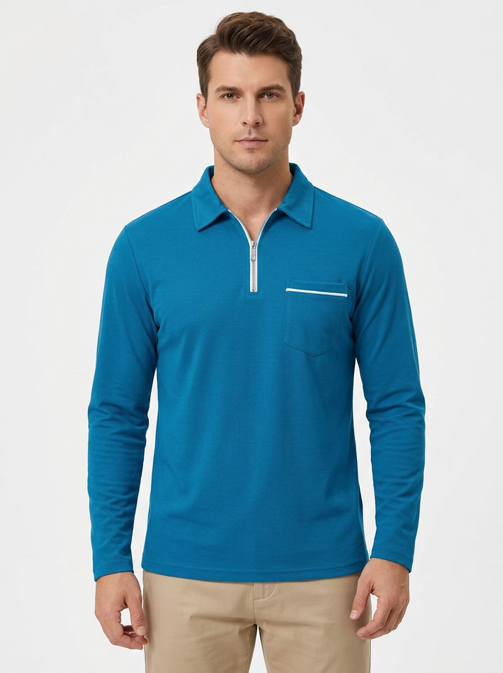 Men's Long Sleeve Polo Shirt Zip Collar Slim-Fit Casual