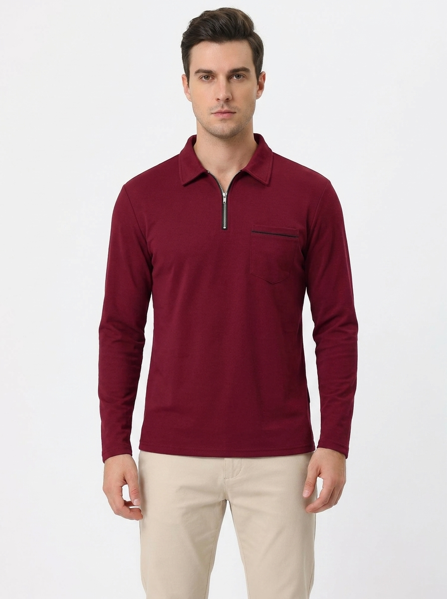 Men's Long Sleeve Polo Shirt Zip Collar Slim-Fit Casual