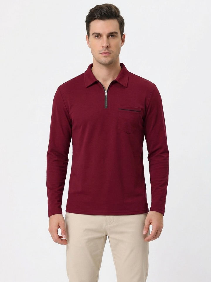 Men's Long Sleeve Polo Shirt Zip Collar Slim-Fit Casual