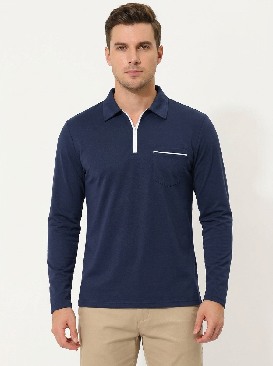 Men's Long Sleeve Polo Shirt Zip Collar Slim-Fit Casual