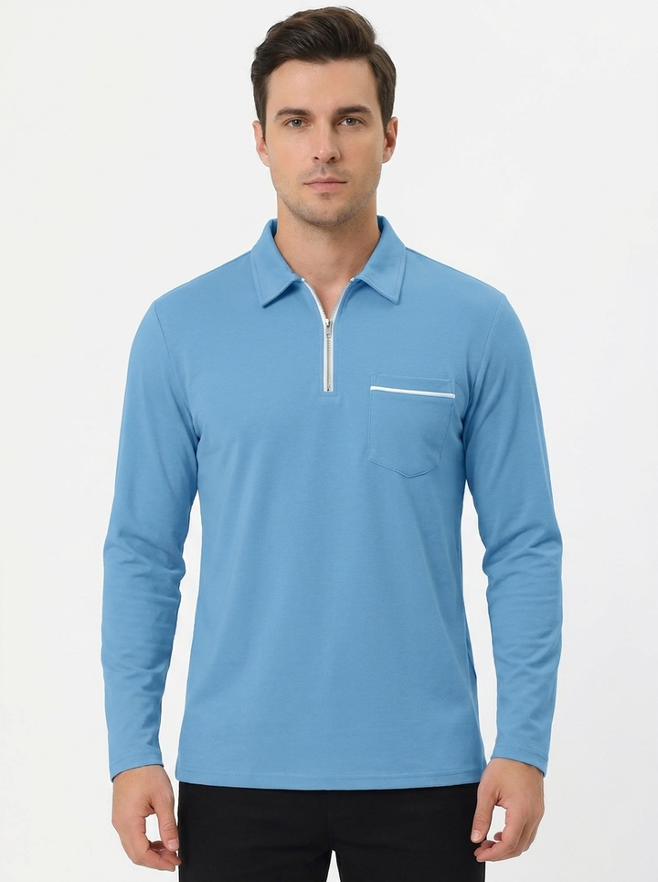 Men's Long Sleeve Polo Shirt Zip Collar Slim-Fit Casual