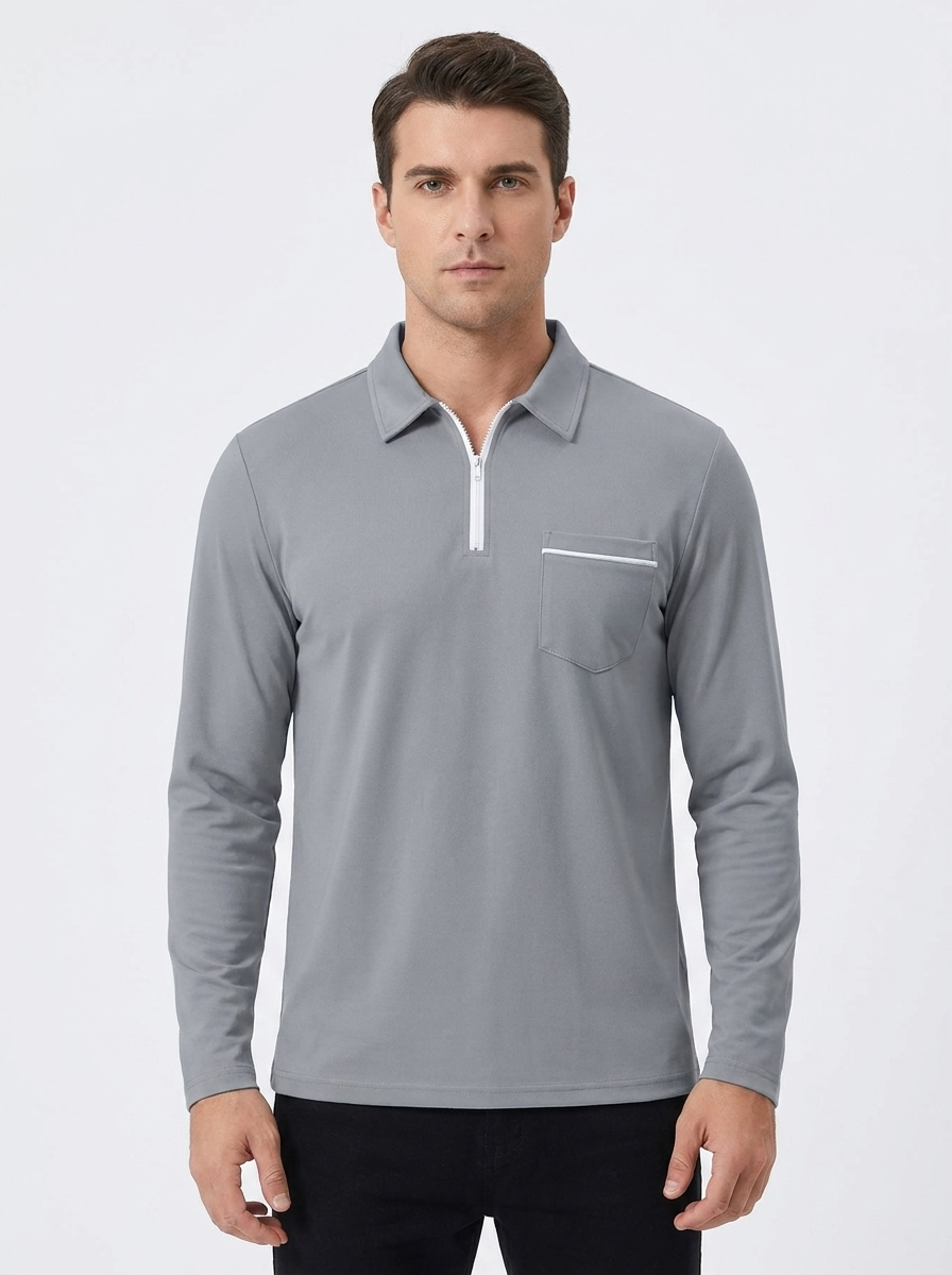 Men's Long Sleeve Polo Shirt Zip Collar Slim-Fit Casual