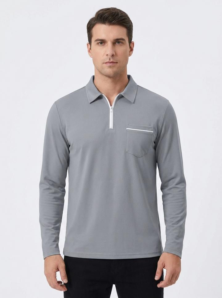 Men's Long Sleeve Polo Shirt Zip Collar Slim-Fit Casual