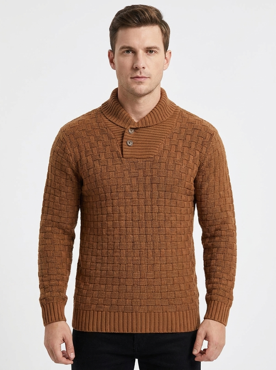 Men's Shawl Collar Sweater Textured Knit Button Pullover