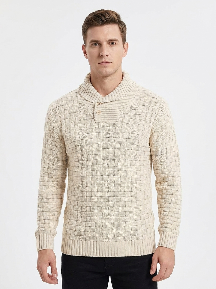 Men's Shawl Collar Sweater Textured Knit Button Pullover