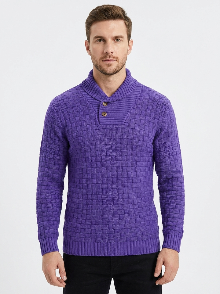 Men's Shawl Collar Sweater Textured Knit Button Pullover