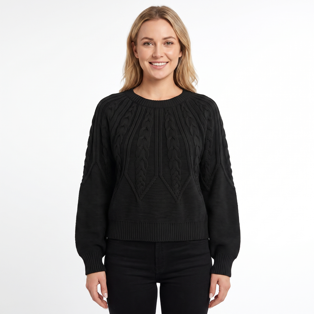 Women's Chunky Cable Knit Sweater Balloon Sleeve Crew Neck Pullover