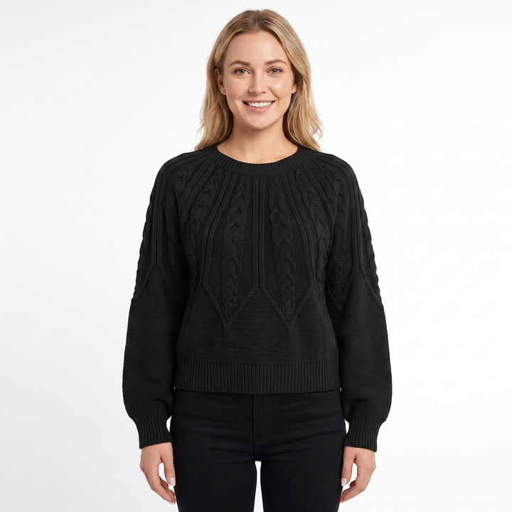Women's Chunky Cable Knit Sweater Balloon Sleeve Crew Neck Pullover