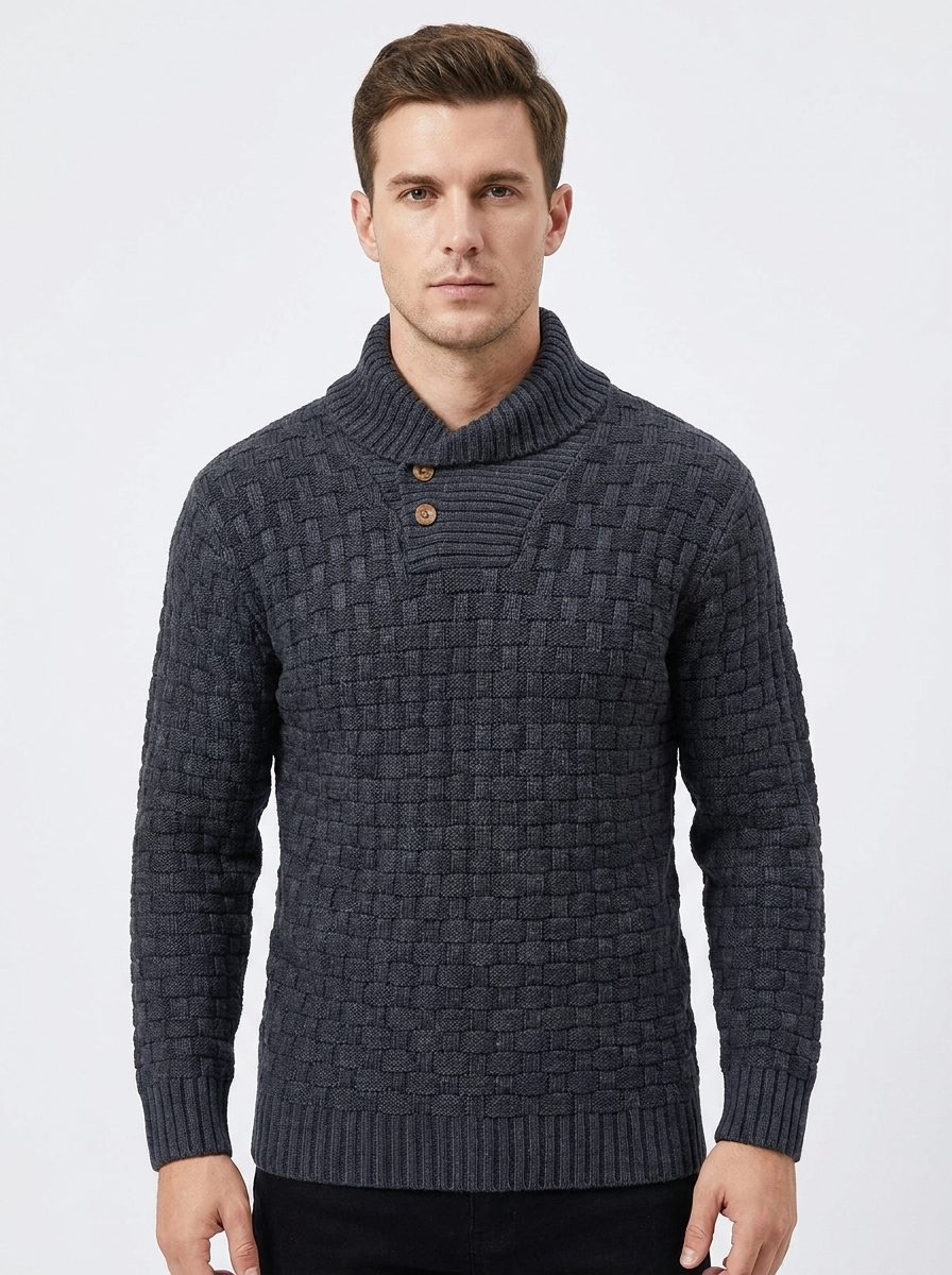 Men's Shawl Collar Sweater Textured Knit Button Pullover