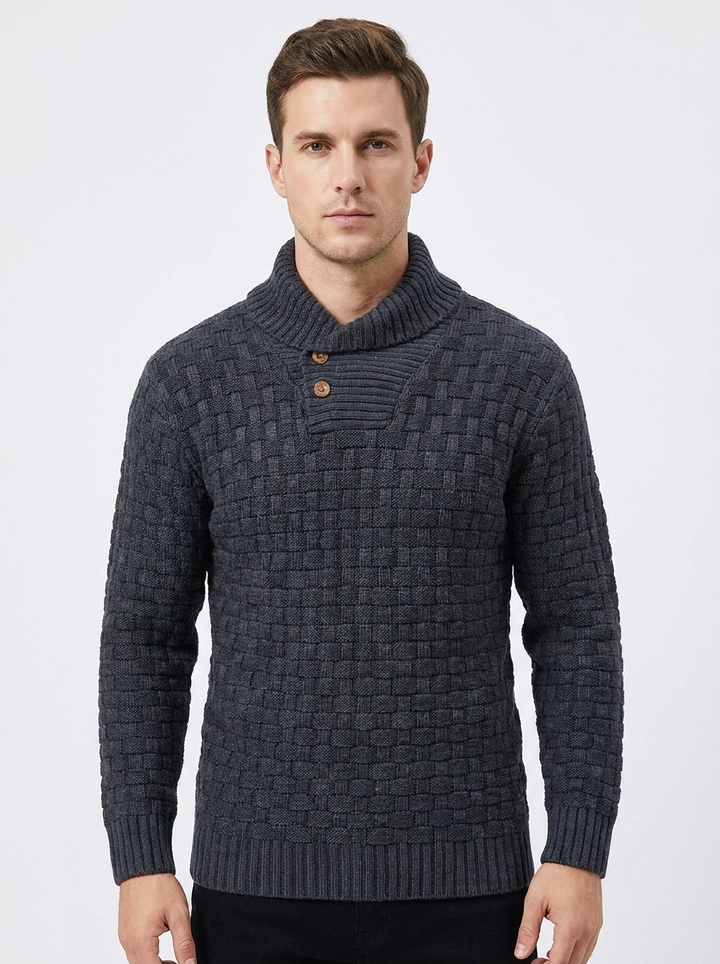 Men's Shawl Collar Sweater Textured Knit Button Pullover