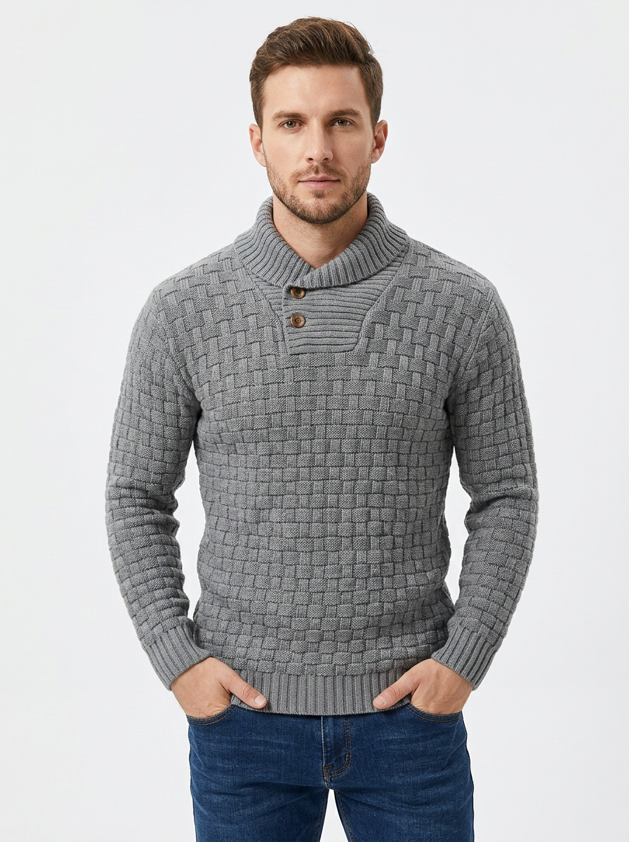 Men's Shawl Collar Sweater Textured Knit Button Pullover