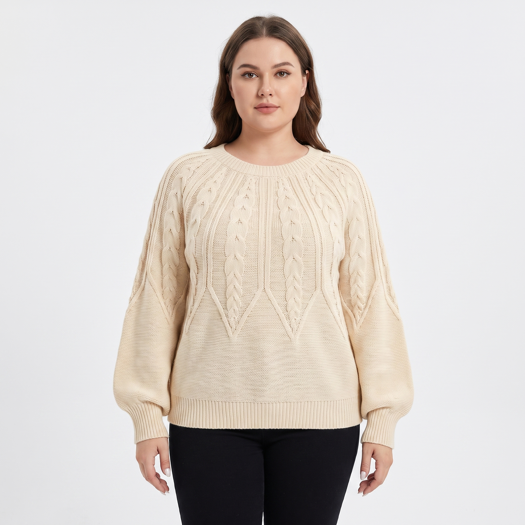Women's Chunky Cable Knit Sweater Balloon Sleeve Crew Neck Pullover