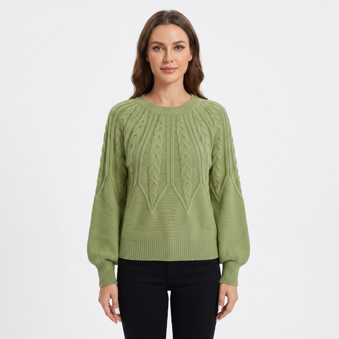 Women's Chunky Cable Knit Sweater Balloon Sleeve Crew Neck Pullover