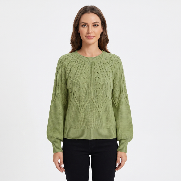 Women's Chunky Cable Knit Sweater Balloon Sleeve Crew Neck Pullover