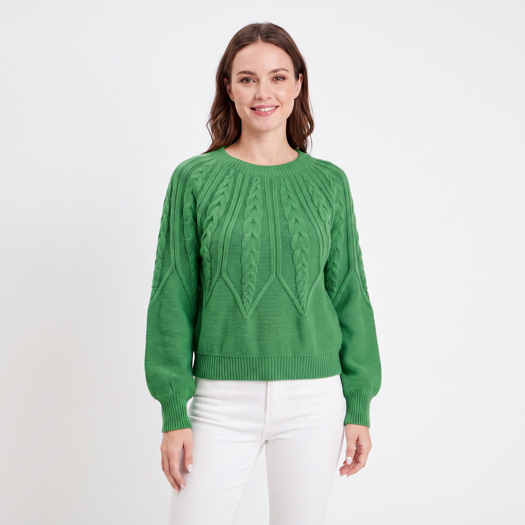 Women's Chunky Cable Knit Sweater Balloon Sleeve Crew Neck Pullover