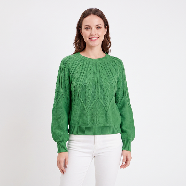 Women's Chunky Cable Knit Sweater Balloon Sleeve Crew Neck Pullover