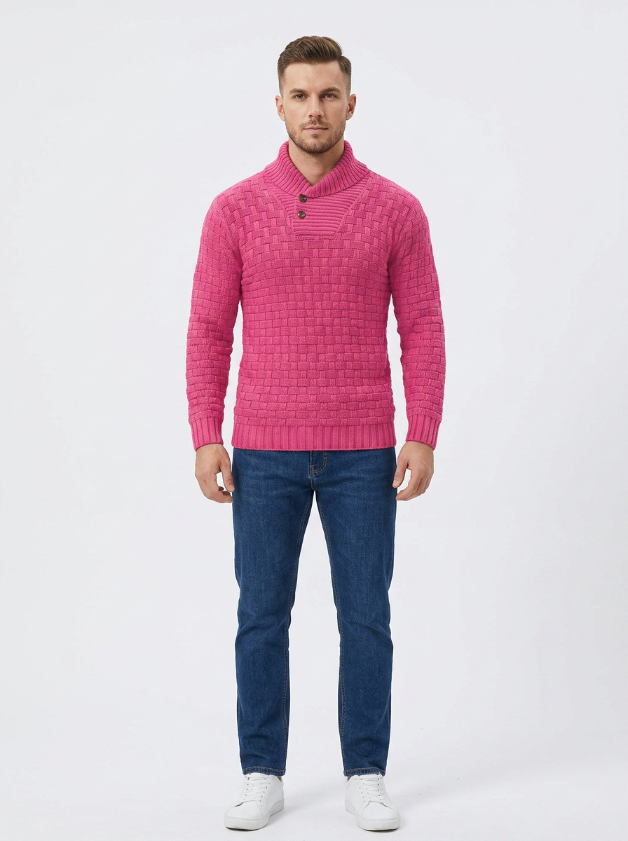 Men's Shawl Collar Sweater Textured Knit Button Pullover