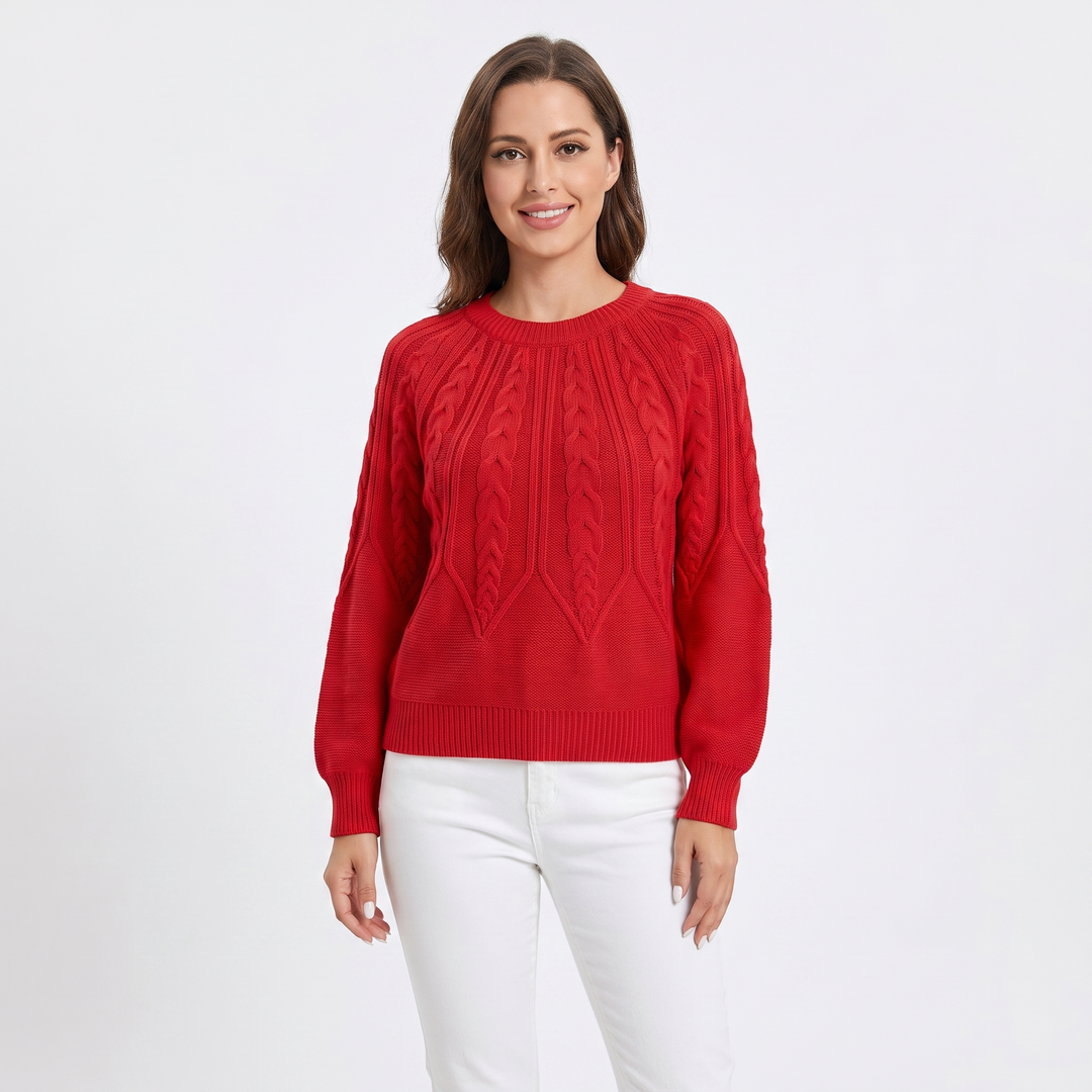 Women's Chunky Cable Knit Sweater Balloon Sleeve Crew Neck Pullover