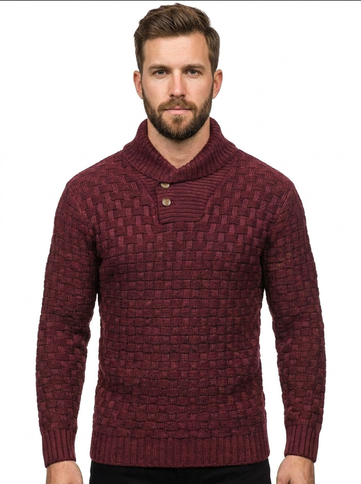 Men's Shawl Collar Sweater Textured Knit Button Pullover