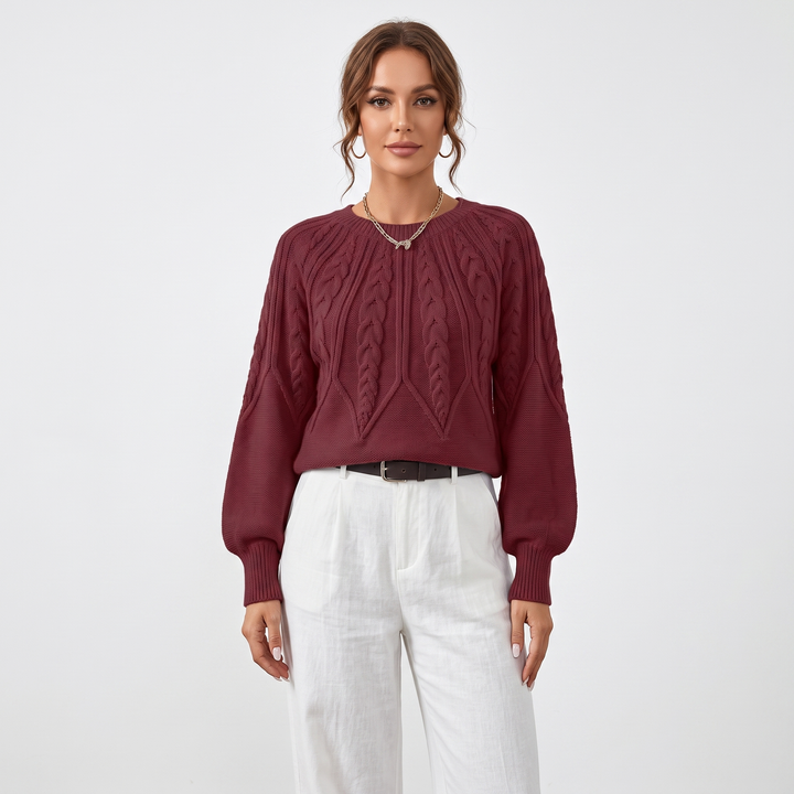 Women's Chunky Cable Knit Sweater Balloon Sleeve Crew Neck Pullover