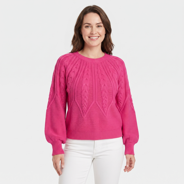 Women's Chunky Cable Knit Sweater Balloon Sleeve Crew Neck Pullover
