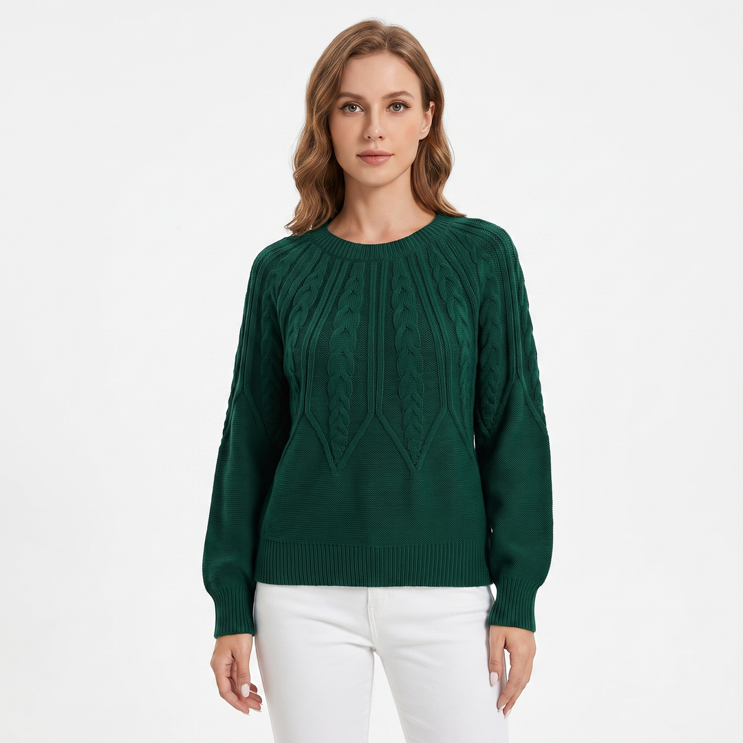 Women's Chunky Cable Knit Sweater Balloon Sleeve Crew Neck Pullover