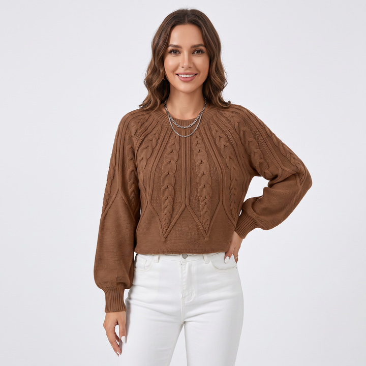 Women's Chunky Cable Knit Sweater Balloon Sleeve Crew Neck Pullover