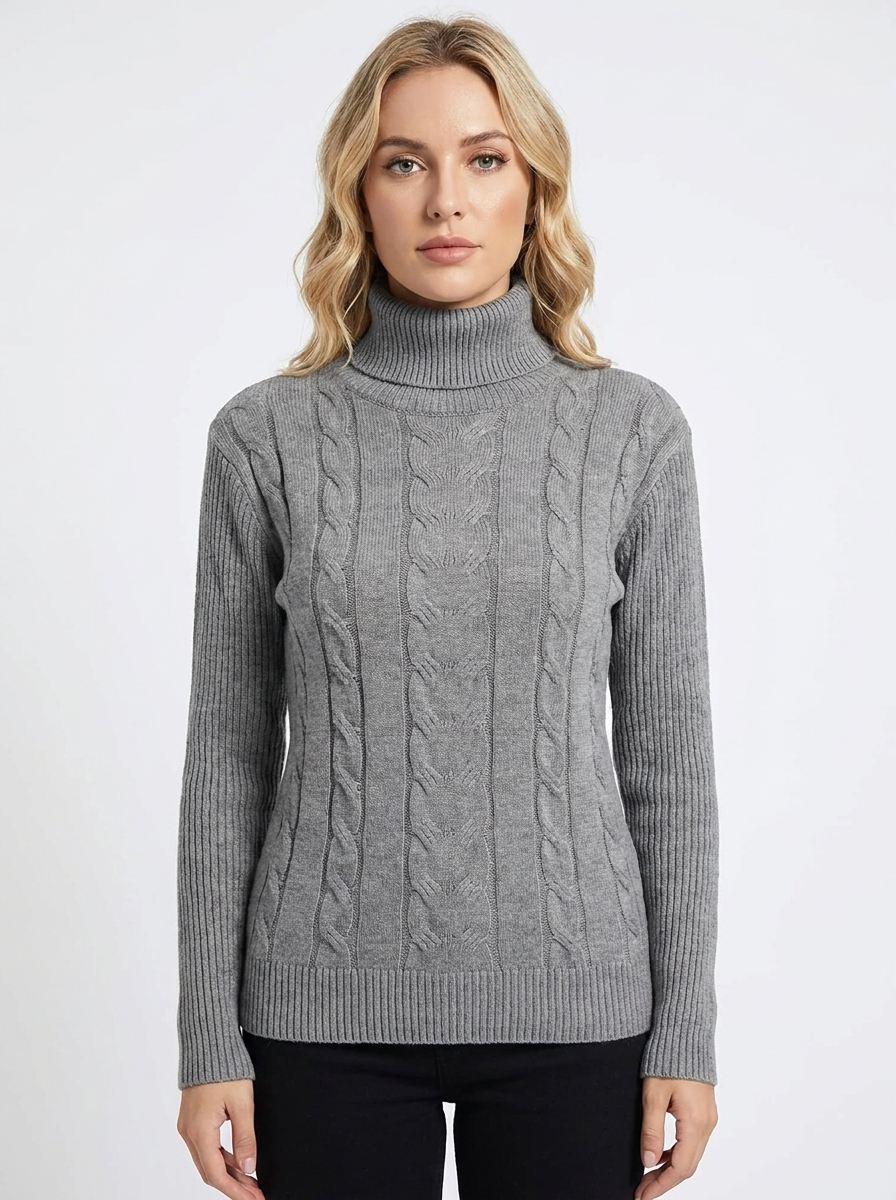 Women's Cable Knit Turtleneck Sweater Slim-Fit Ribbed Pullover