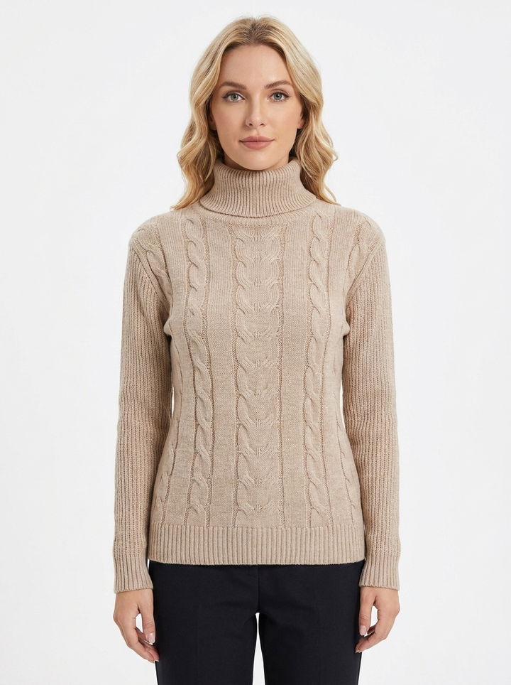 Women's Cable Knit Turtleneck Sweater Slim-Fit Ribbed Pullover
