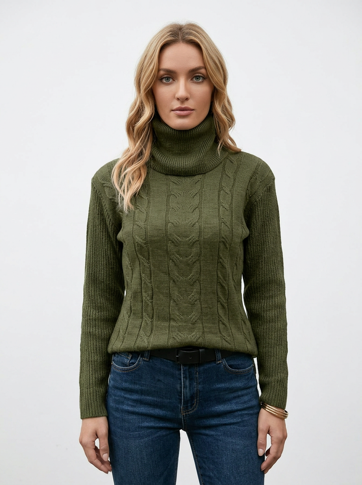 Women's Cable Knit Turtleneck Sweater Slim-Fit Ribbed Pullover