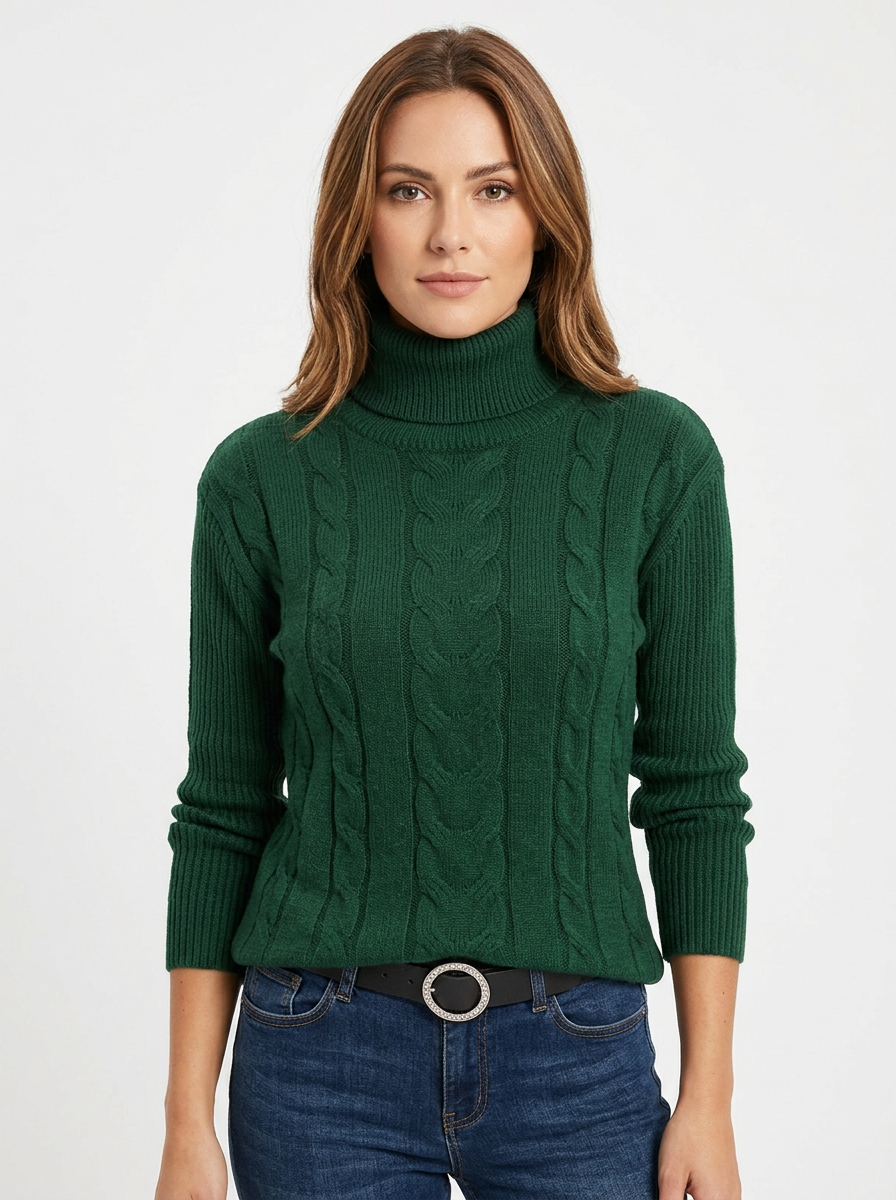 Women's Cable Knit Turtleneck Sweater Slim-Fit Ribbed Pullover