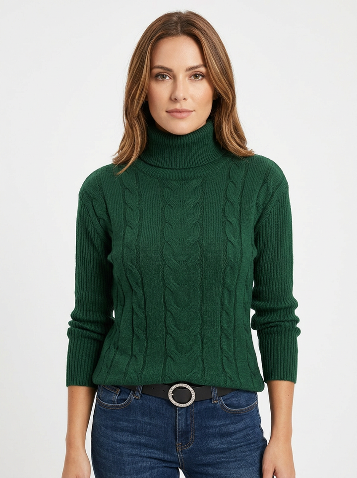 Women's Cable Knit Turtleneck Sweater Slim-Fit Ribbed Pullover