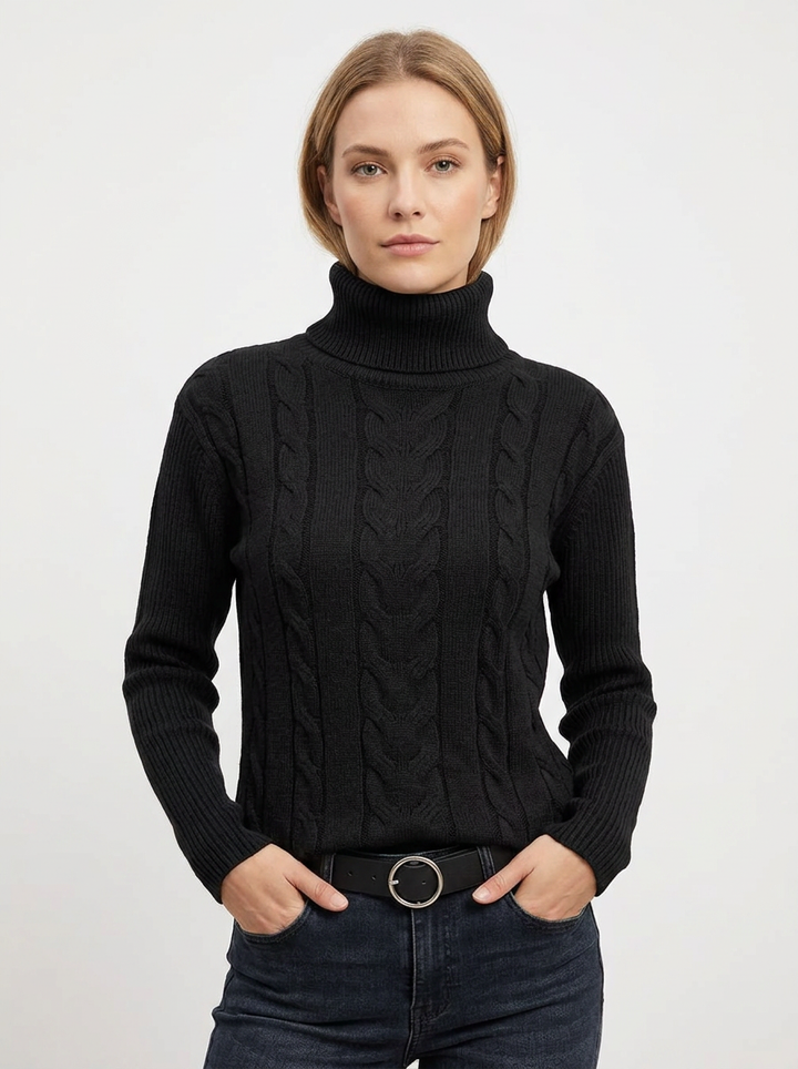 Women's Cable Knit Turtleneck Sweater Slim-Fit Ribbed Pullover