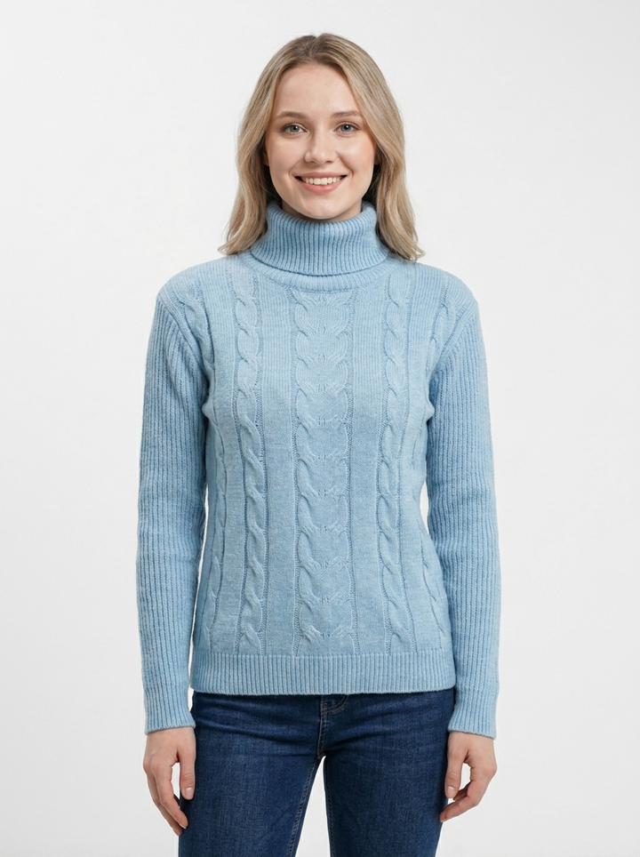Women's Cable Knit Turtleneck Sweater Slim-Fit Ribbed Pullover