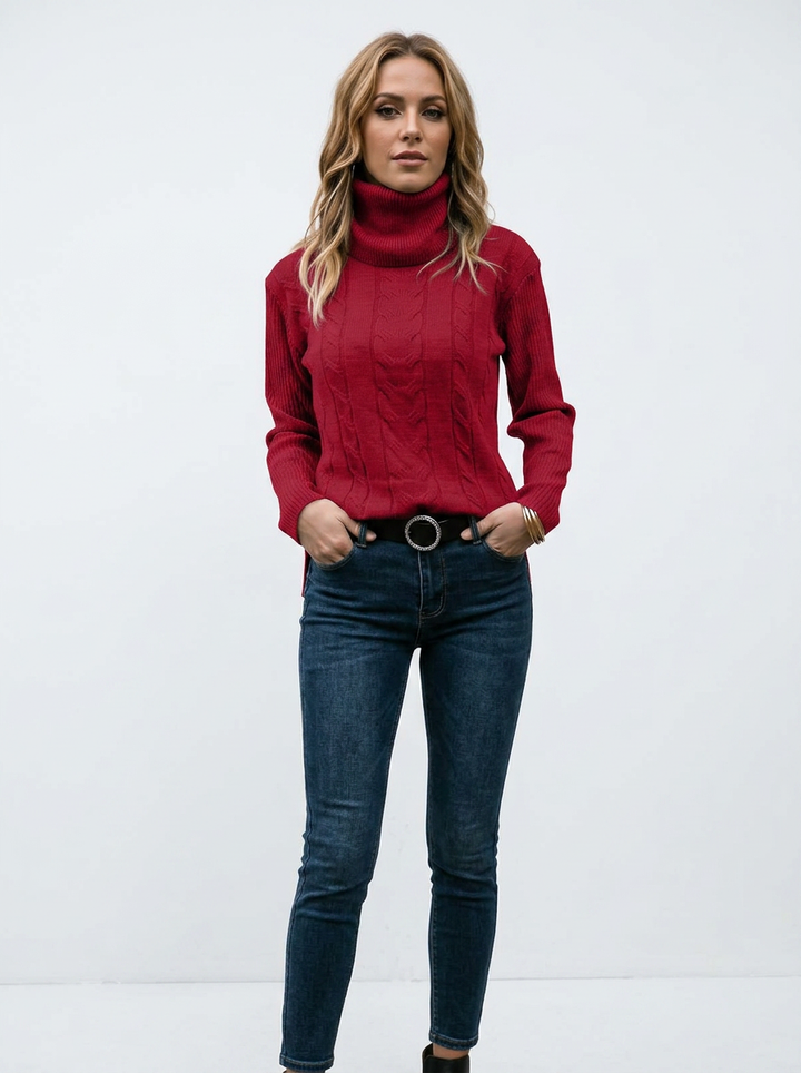 Women's Cable Knit Turtleneck Sweater Slim-Fit Ribbed Pullover
