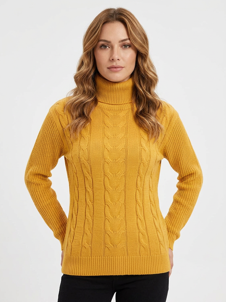 Women's Cable Knit Turtleneck Sweater Slim-Fit Ribbed Pullover