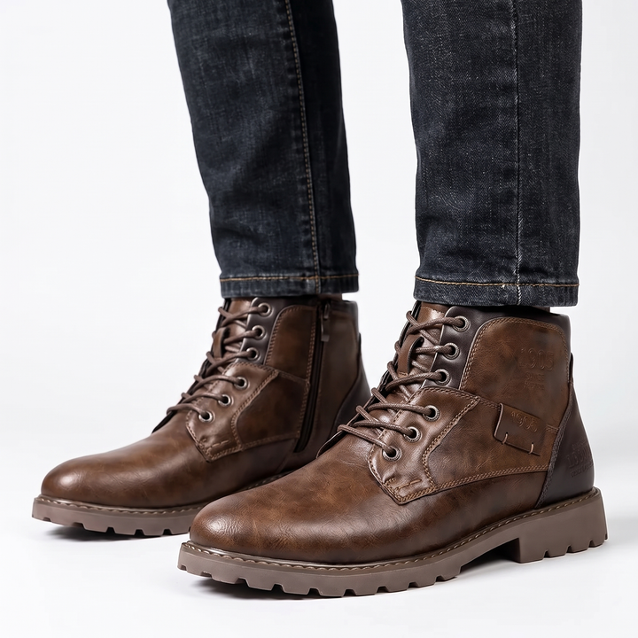 Men's Leather Lace-Up Boots Chunky Sole Vintage Ankle Boots