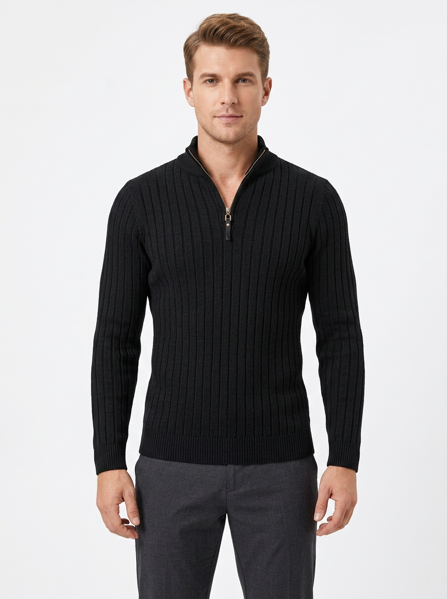 Men's Ribbed Quarter-Zip Sweater Slim-Fit Mock Neck Pullover