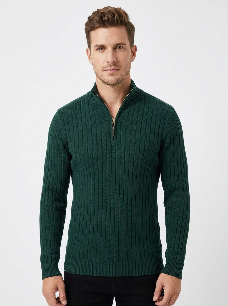 Men's Ribbed Quarter-Zip Sweater Slim-Fit Mock Neck Pullover