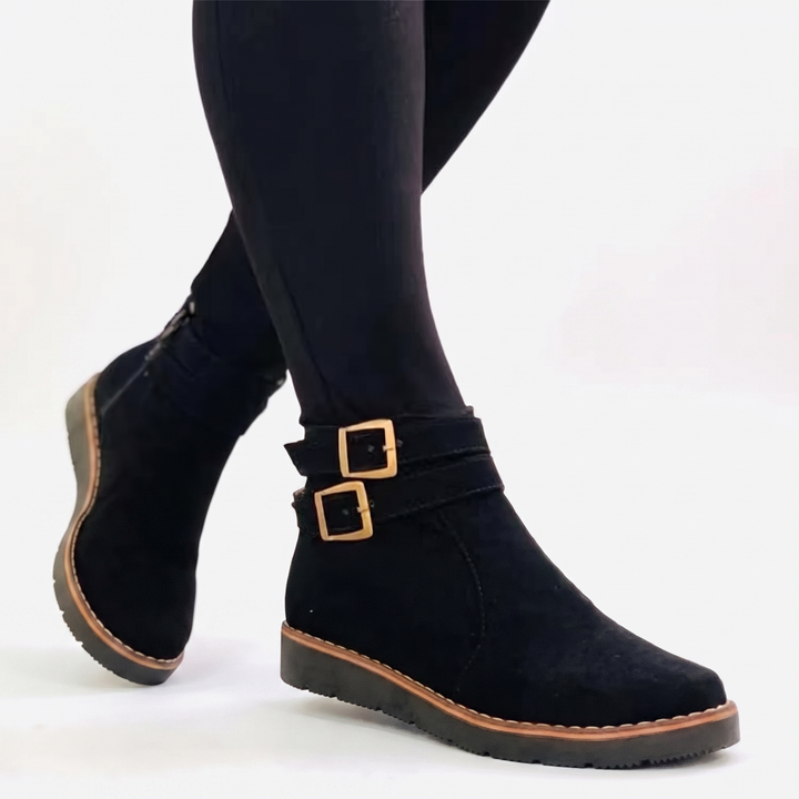 Women's Buckle Ankle Boots Suede Flat Sole Casual Booties