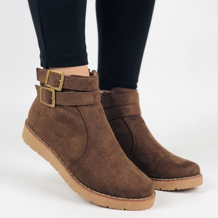Women's Buckle Ankle Boots Suede Flat Sole Casual Booties