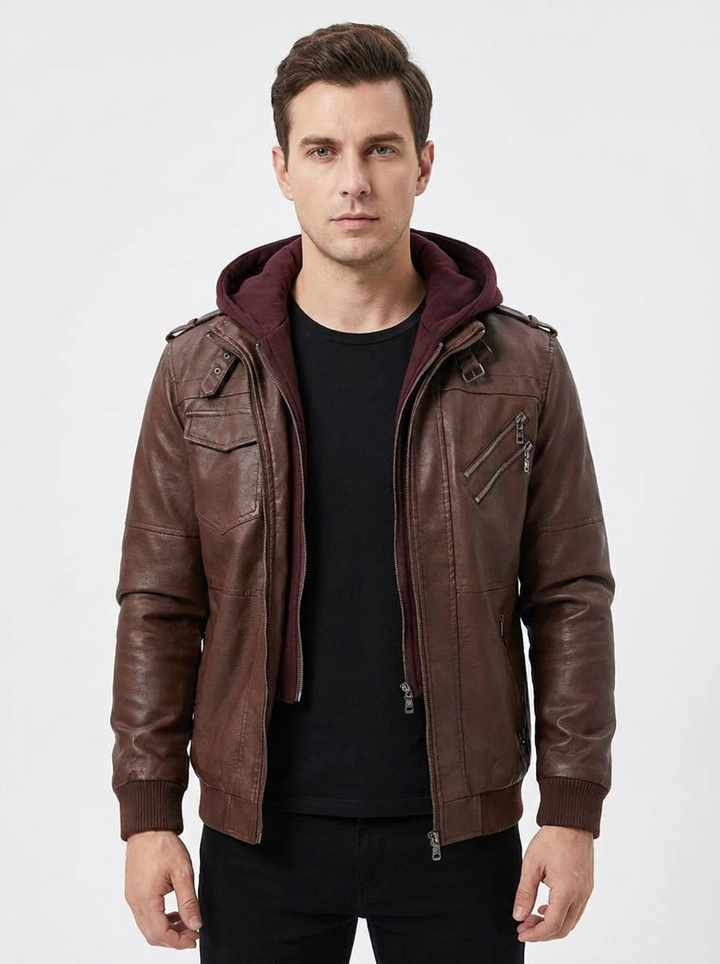 Men's Leather Moto Jacket Removable Hood Zip-Up Biker Coat
