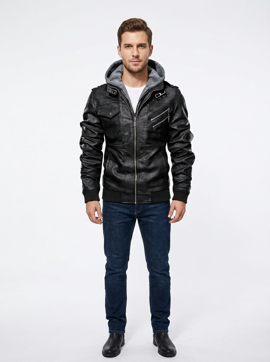 Men's Leather Moto Jacket Removable Hood Zip-Up Biker Coat