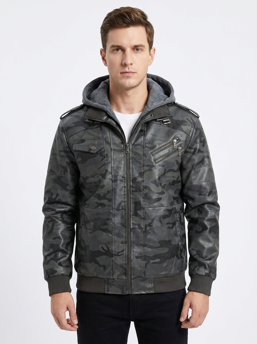 Men's Leather Moto Jacket Removable Hood Zip-Up Biker Coat