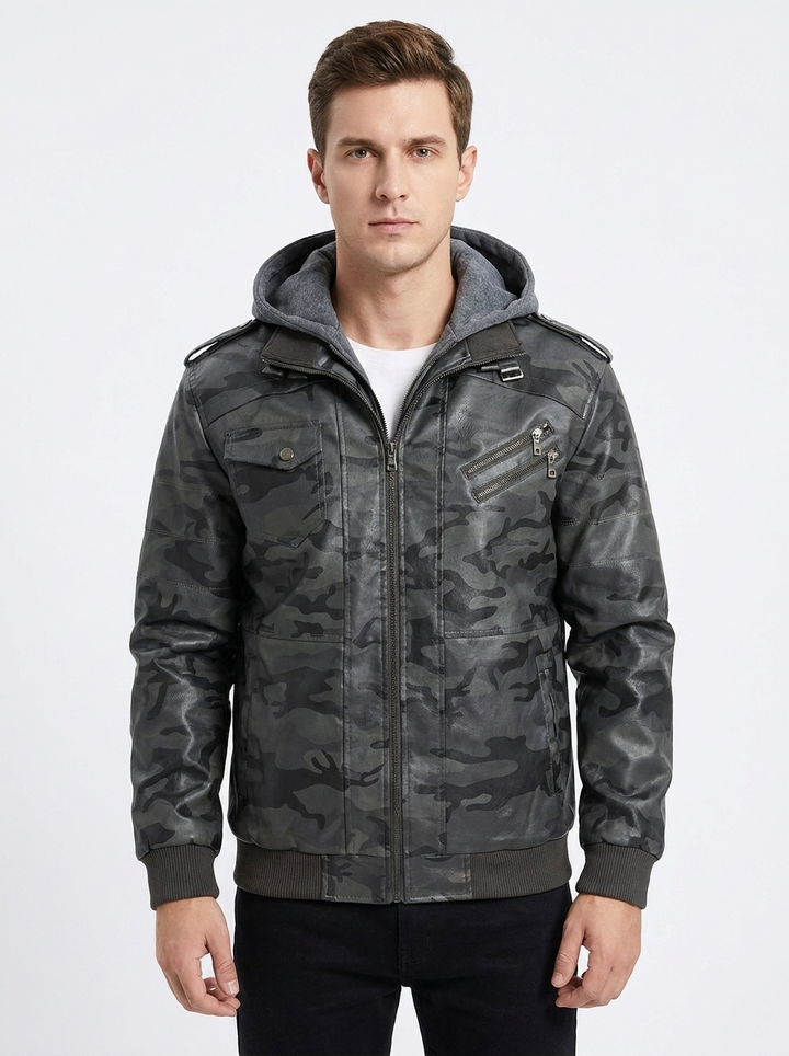 Men's Leather Moto Jacket Removable Hood Zip-Up Biker Coat